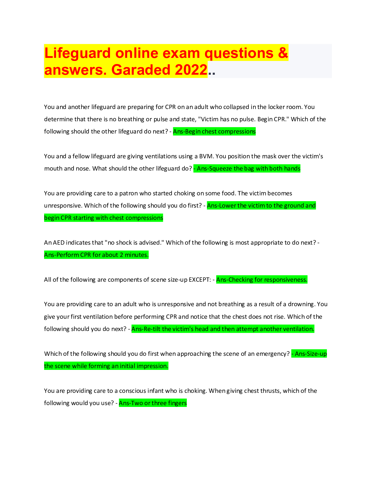 Preview of Lifeguard online exam questions & answers. Garaded 2022